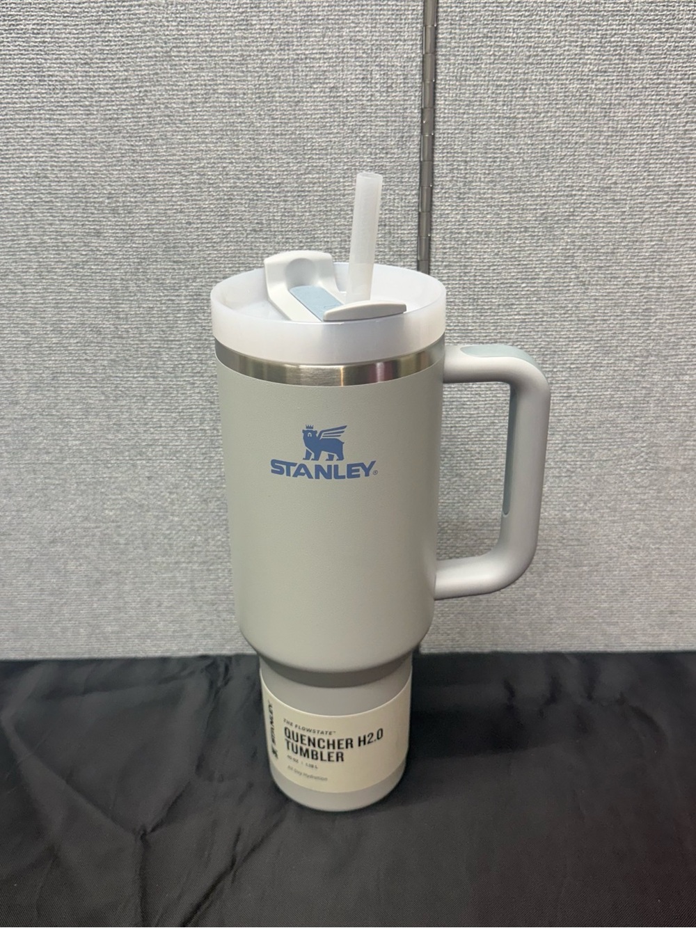 Stanley Fog Gray Tumbler with Blue Logo and Handle